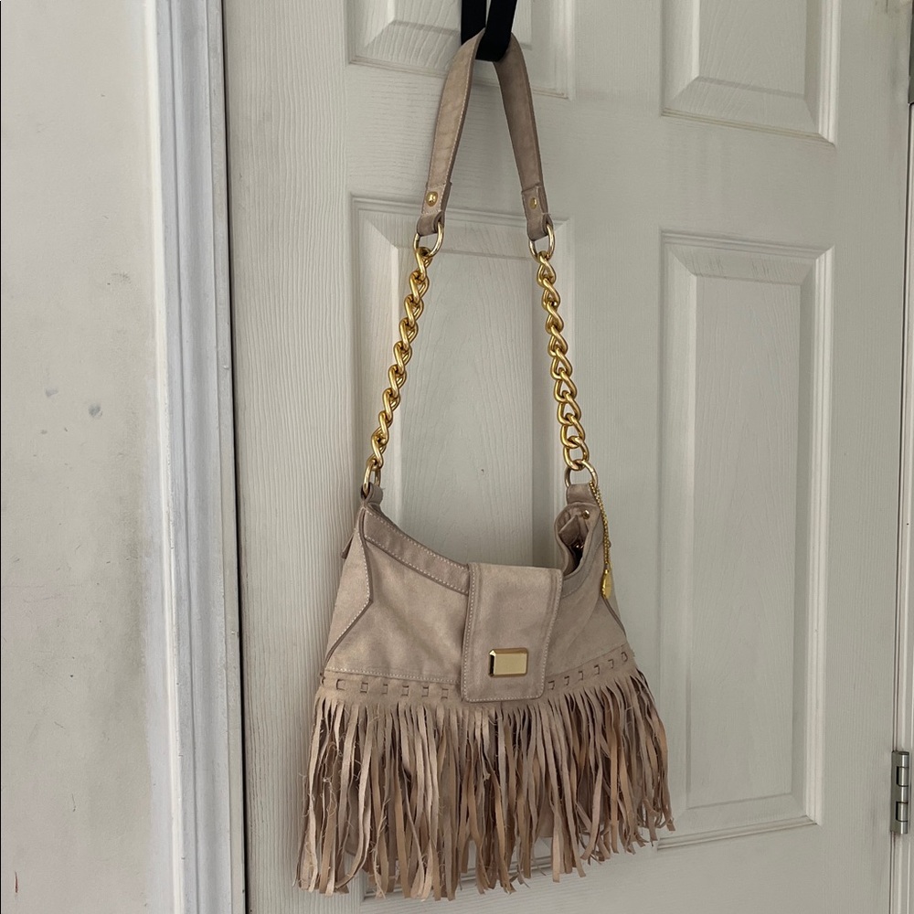 Vintage Big Buddha Beige Fringe Shoulder Bag with Gold Chain